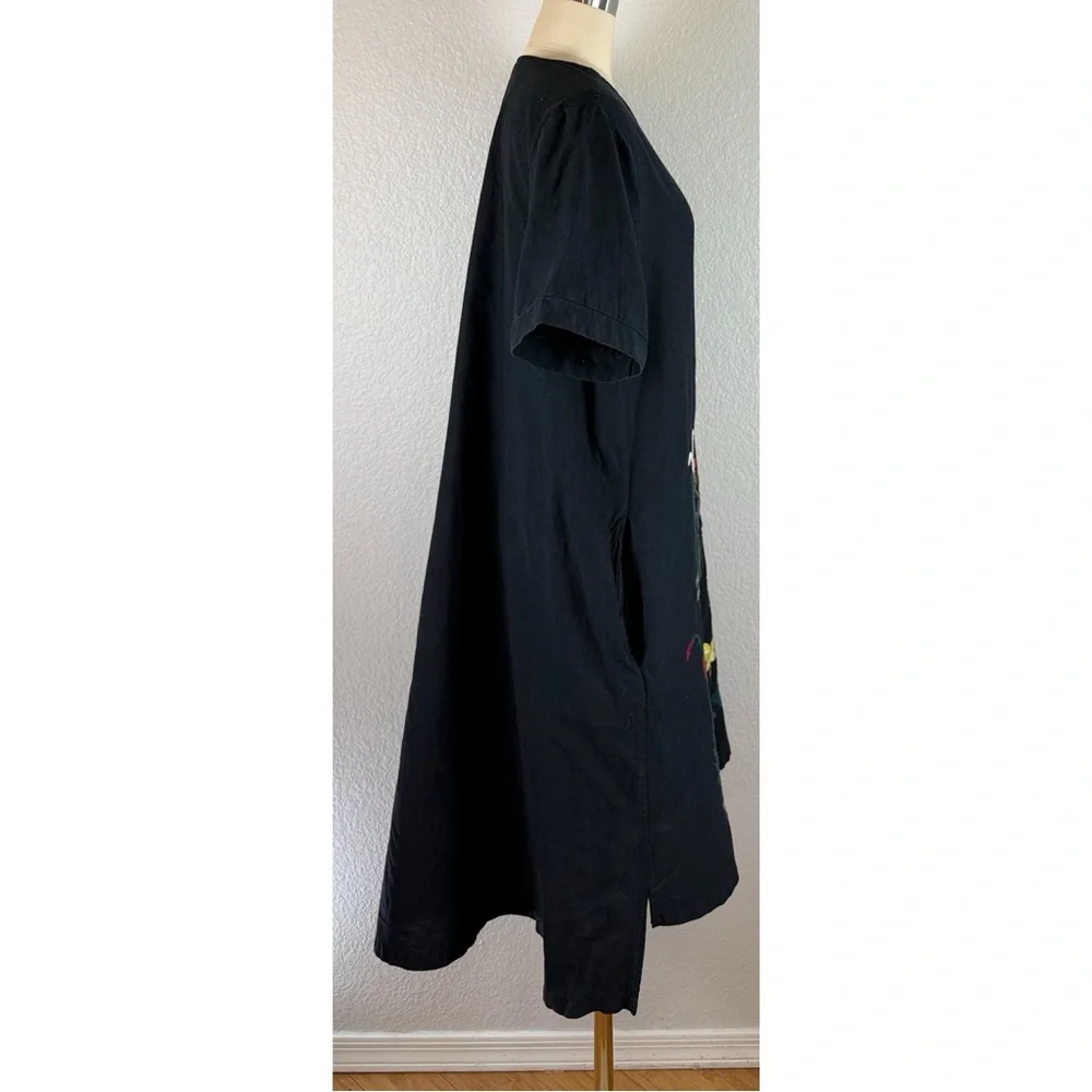 Black Floral Embroidered Tunic Oversized Midi Dress Cotton Linen‎ Lagonlook XL - Picture 3 of 14